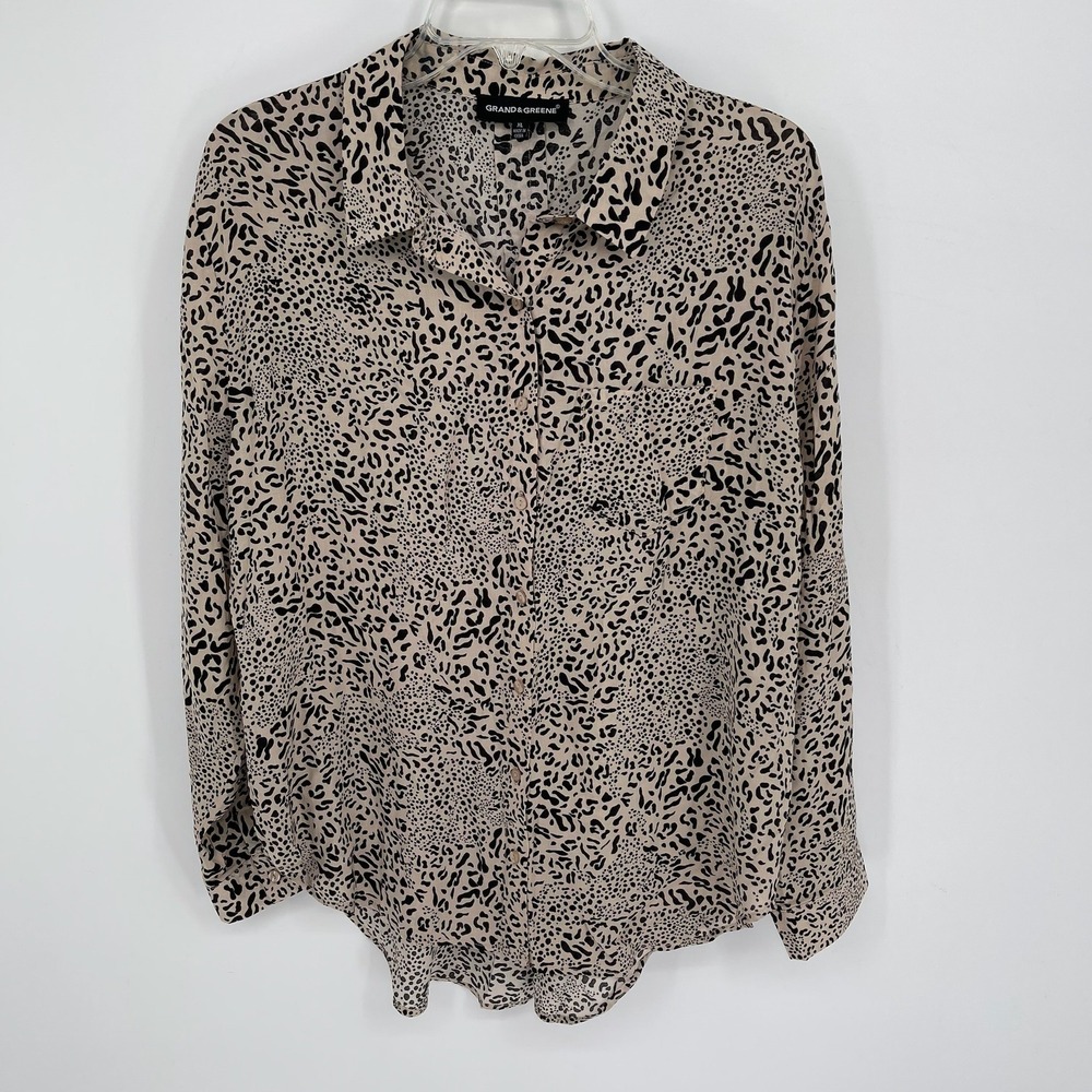 Grand & Greene Women's Tan Leopard Print Long Sleeve Button Up Shirt Size XL